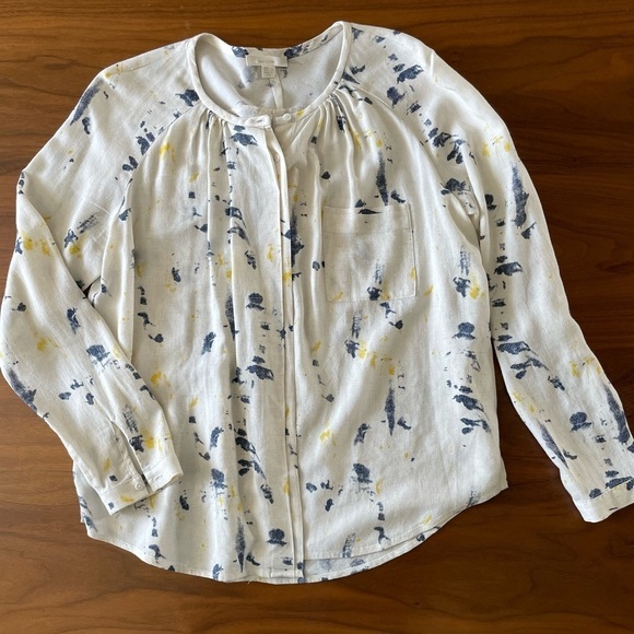 See U Soon Cream Blue Yellow Print Button Up Top - Picture 1 of 9
